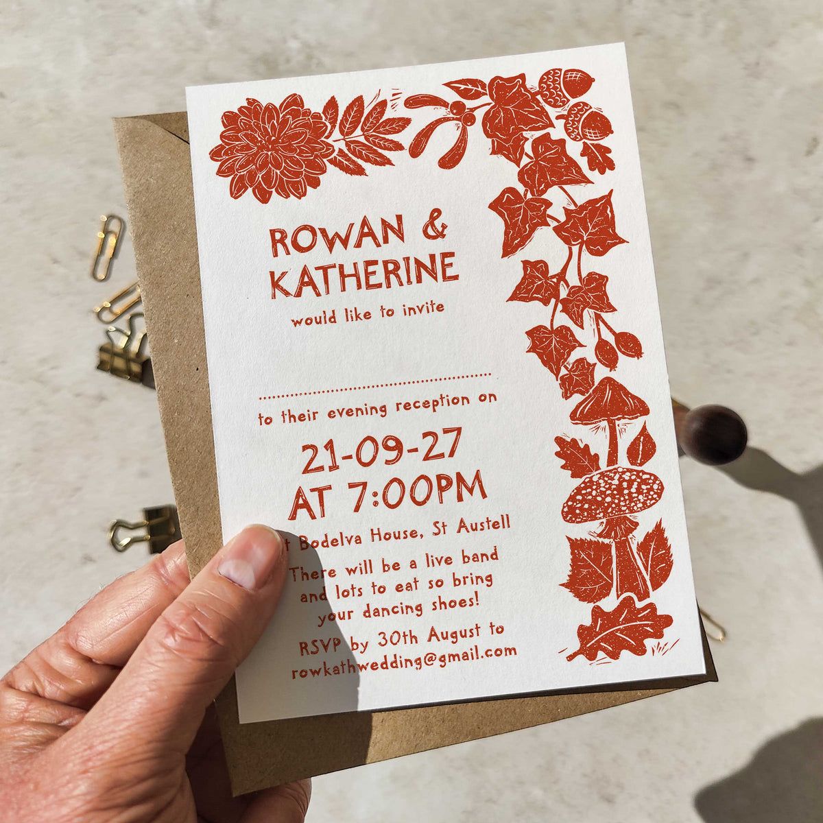 Carved Autumn Evening Wedding Invitation | A6 personalised cards and envelopes