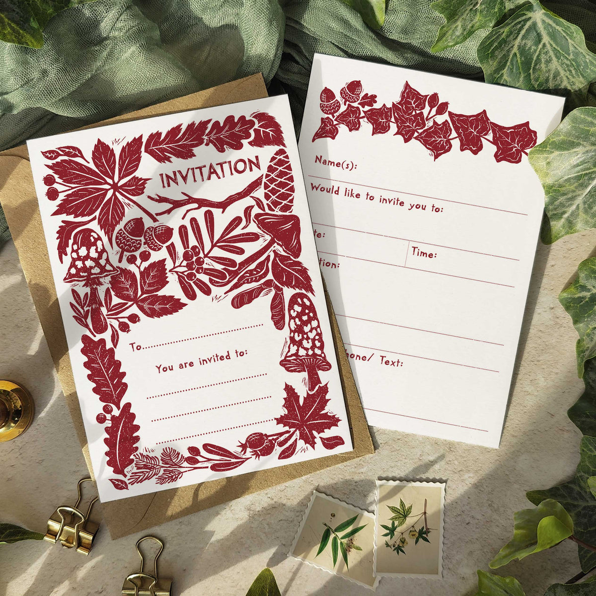 10 x Carved Autumn Winter Linocut Ready To Write Invitations