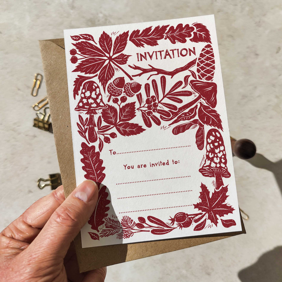 10 x Carved Autumn Winter Linocut Ready To Write Invitations