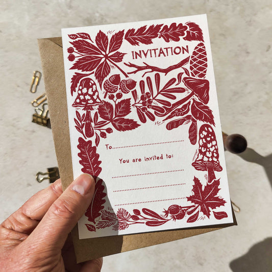 10 x Carved Autumn Winter Linocut Ready To Write Invitations