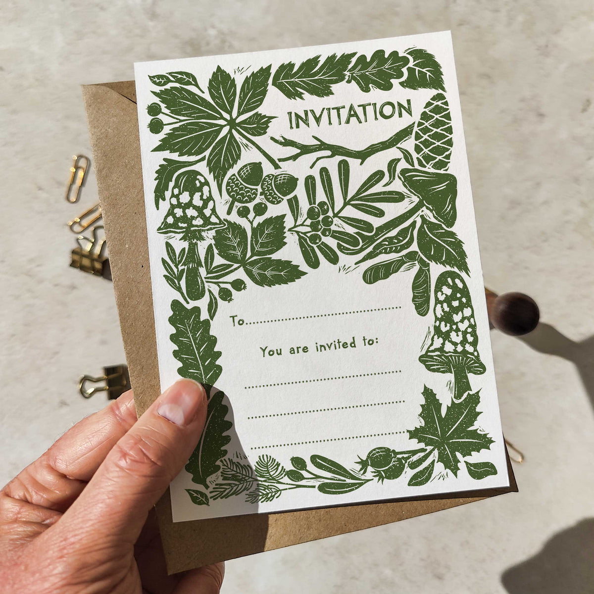 10 x Carved Autumn Winter Linocut Ready To Write Invitations