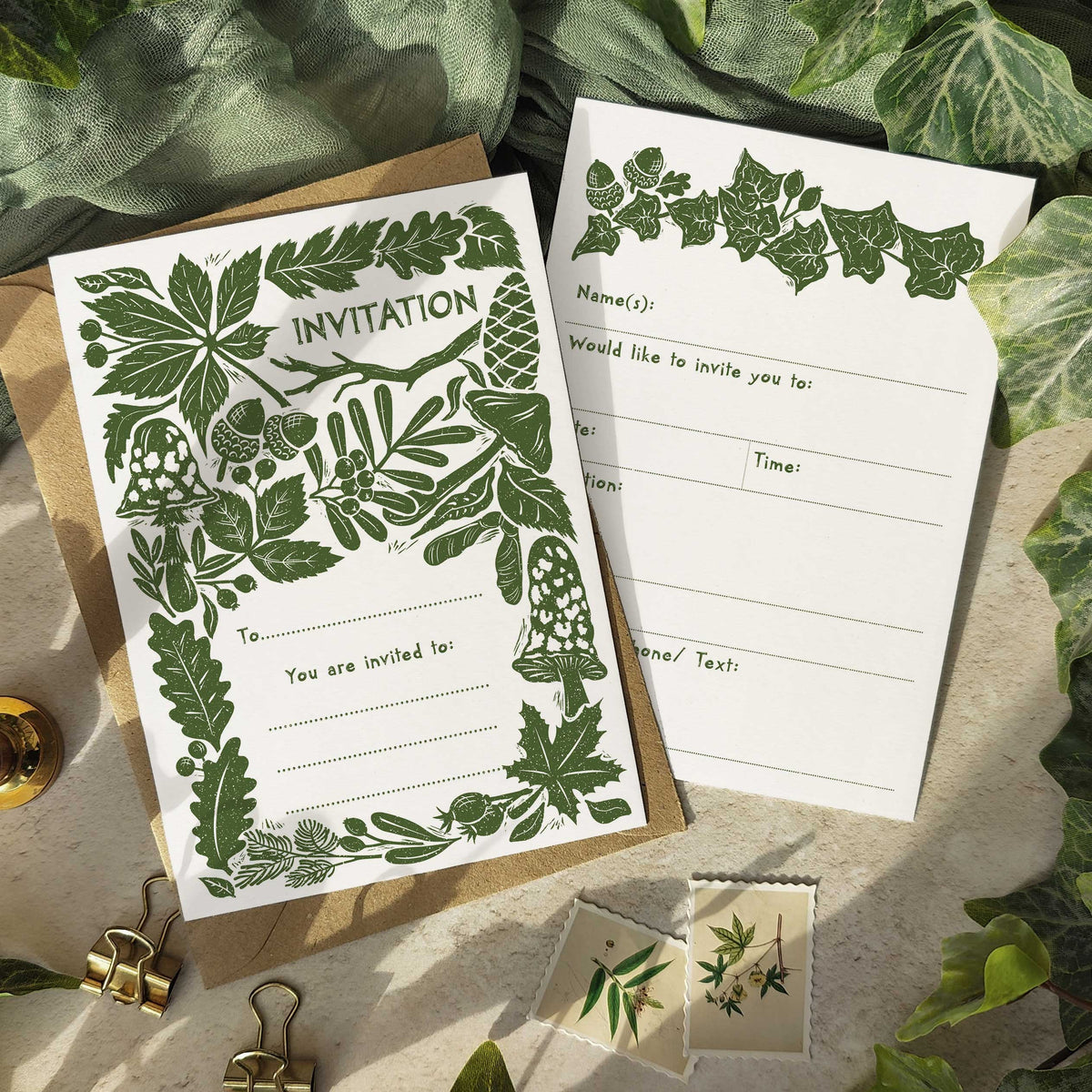 10 x Carved Autumn Winter Linocut Ready To Write Invitations