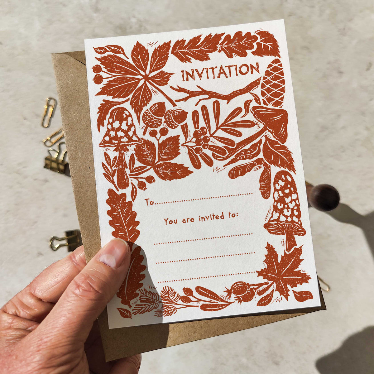 10 x Carved Autumn Winter Linocut Ready To Write Invitations