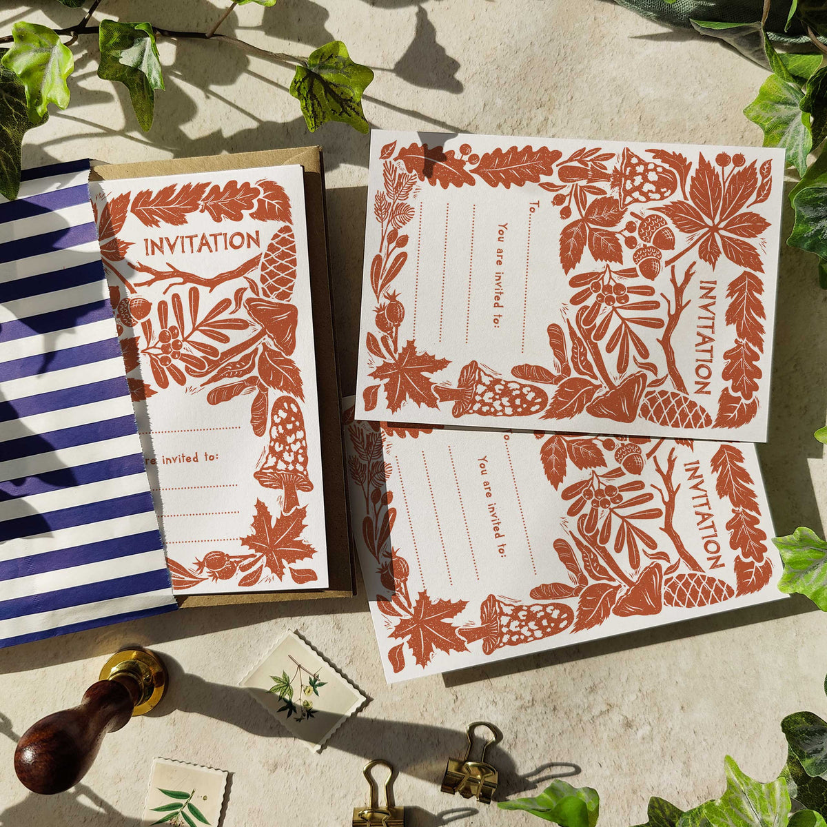 10 x Carved Autumn Winter Linocut Ready To Write Invitations