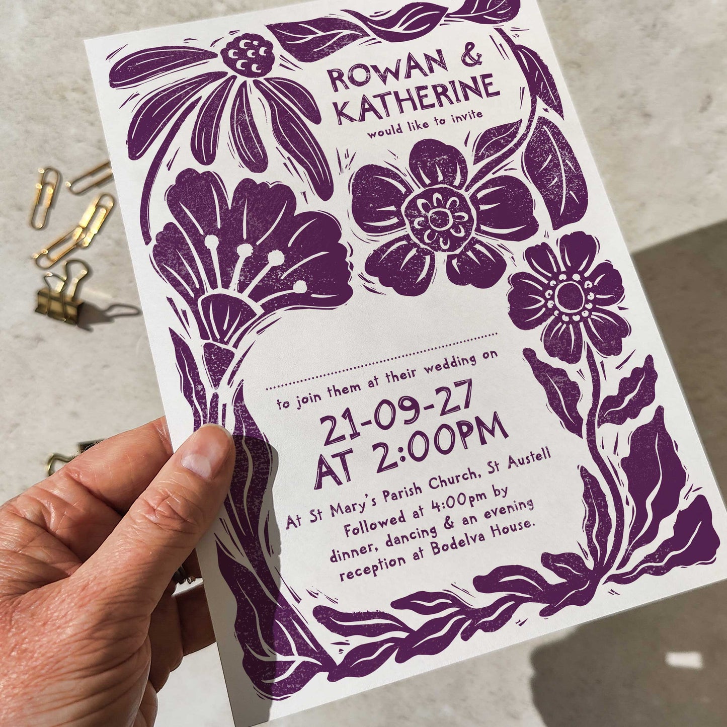 Carved Blooms A5 Wedding Invitation – Personalised with Optional Guest Information
