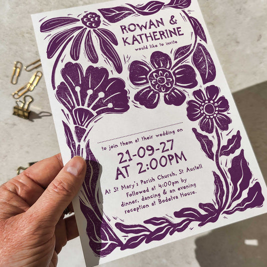 Carved Blooms A5 Wedding Invitation – Personalised with Optional Guest Information