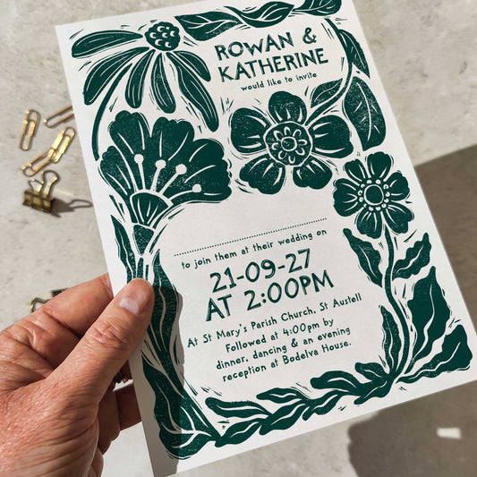 Carved Blooms A5 Wedding Invitation – Personalised with Optional Guest Information