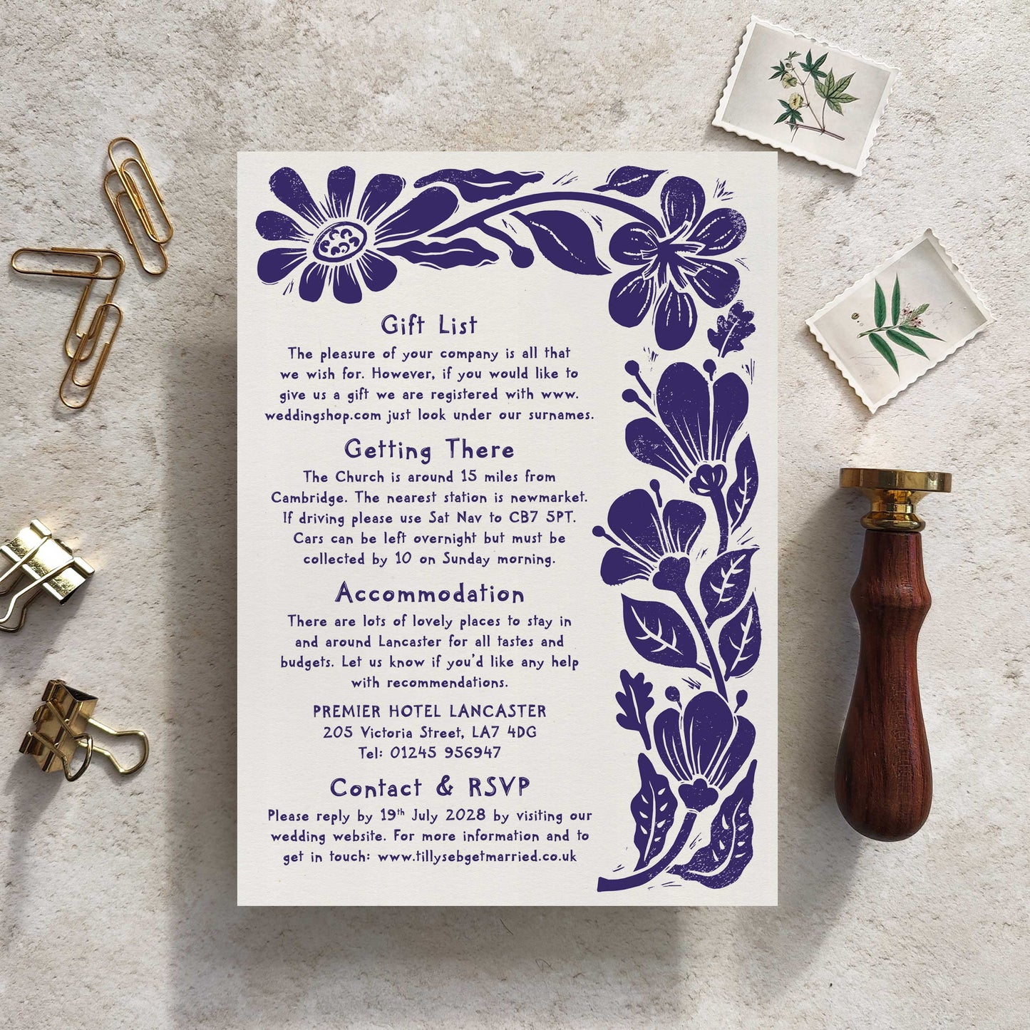 Carved Blooms A5 Wedding Invitation – Personalised with Optional Guest Information