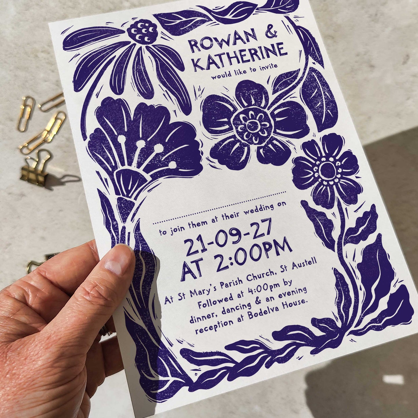 Carved Blooms A5 Wedding Invitation – Personalised with Optional Guest Information