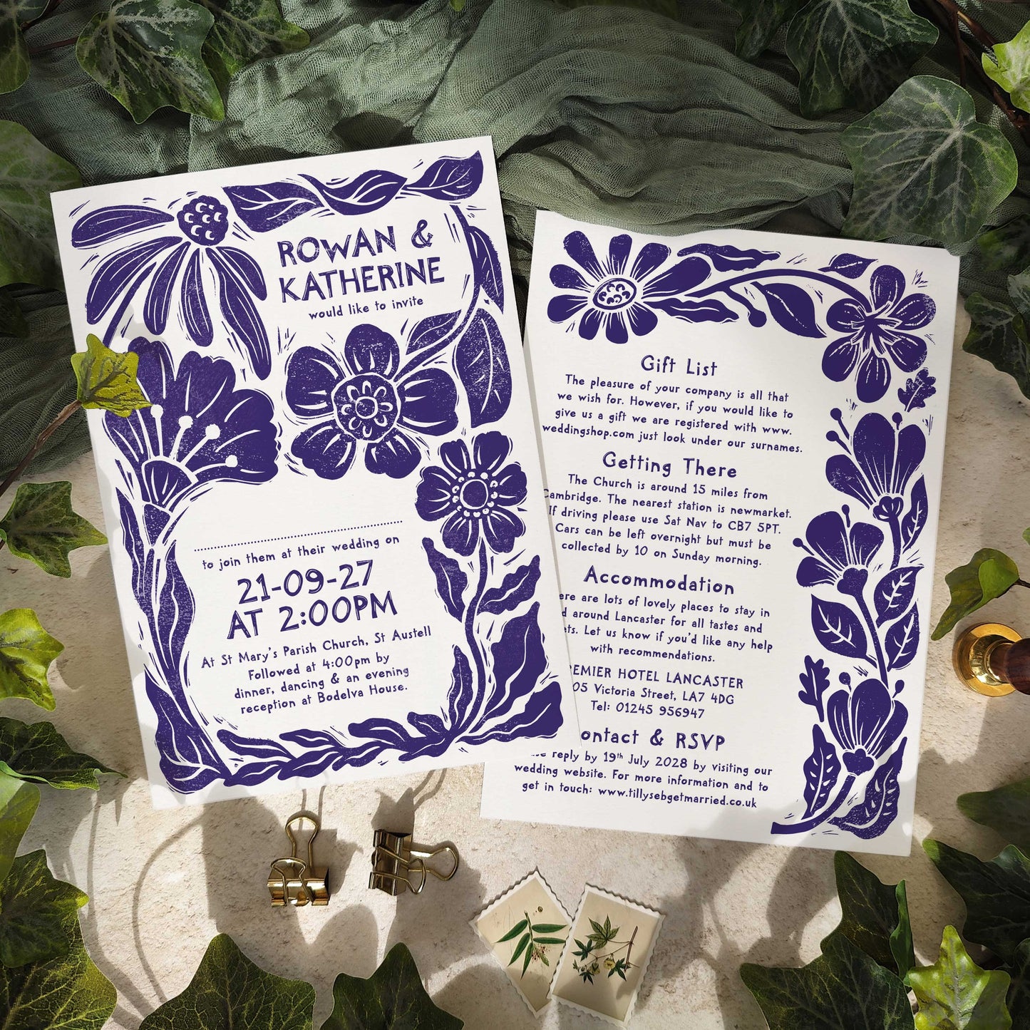 Carved Blooms A5 Wedding Invitation – Personalised with Optional Guest Information