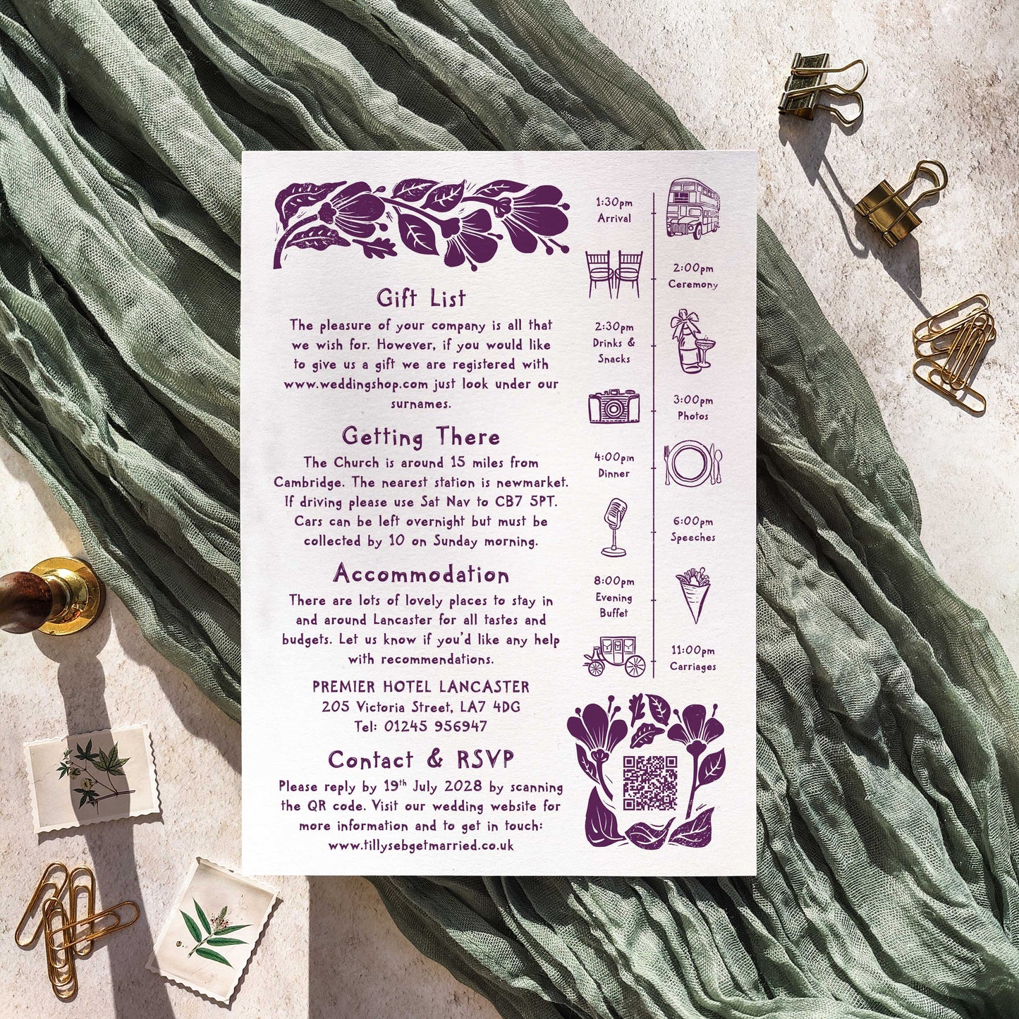 Carved Blooms A5 Wedding Invitation – Personalised with Optional Guest Information