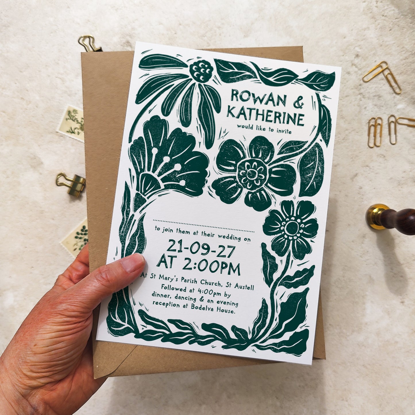 Carved Blooms A5 Wedding Invitation – Personalised with Optional Guest Information