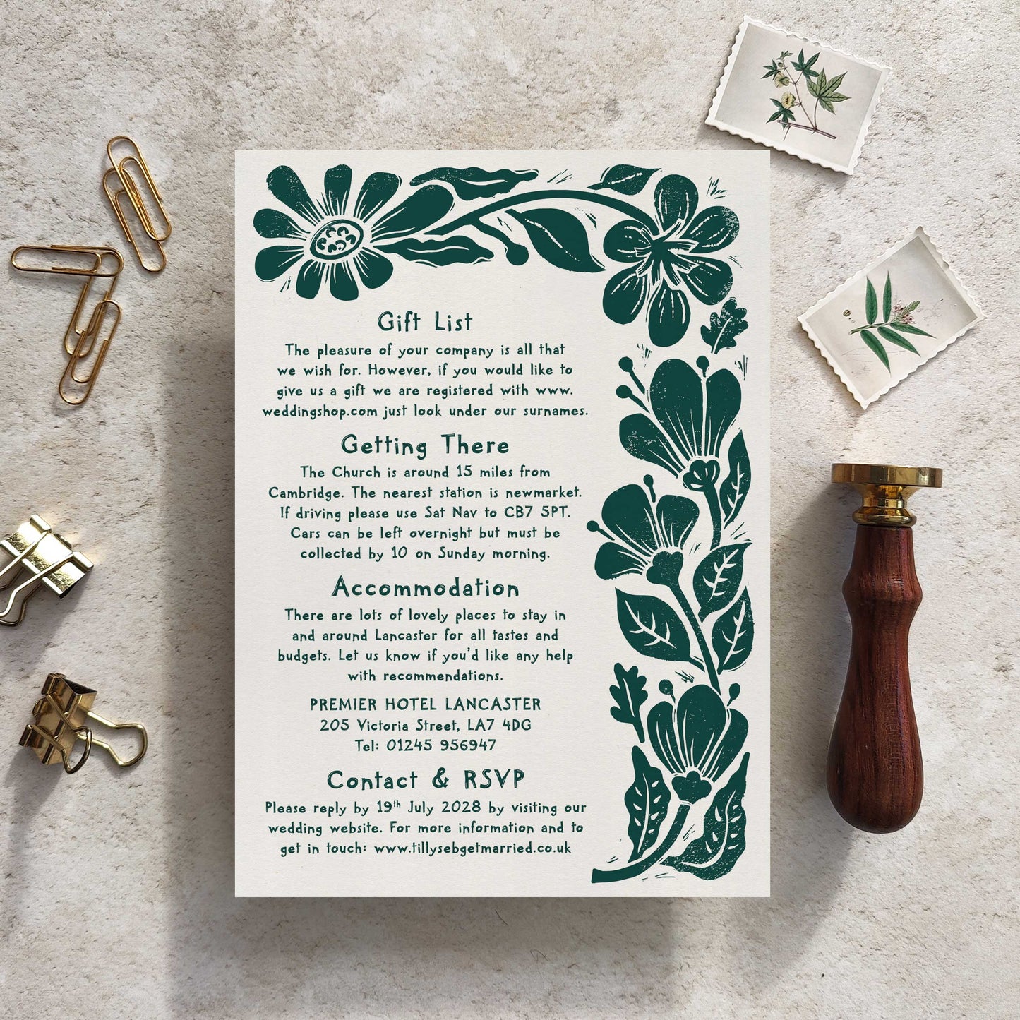 Carved Blooms A5 Wedding Invitation – Personalised with Optional Guest Information