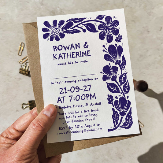 Carved Blooms Evening Wedding Invitation | A6 personalised cards and envelopes
