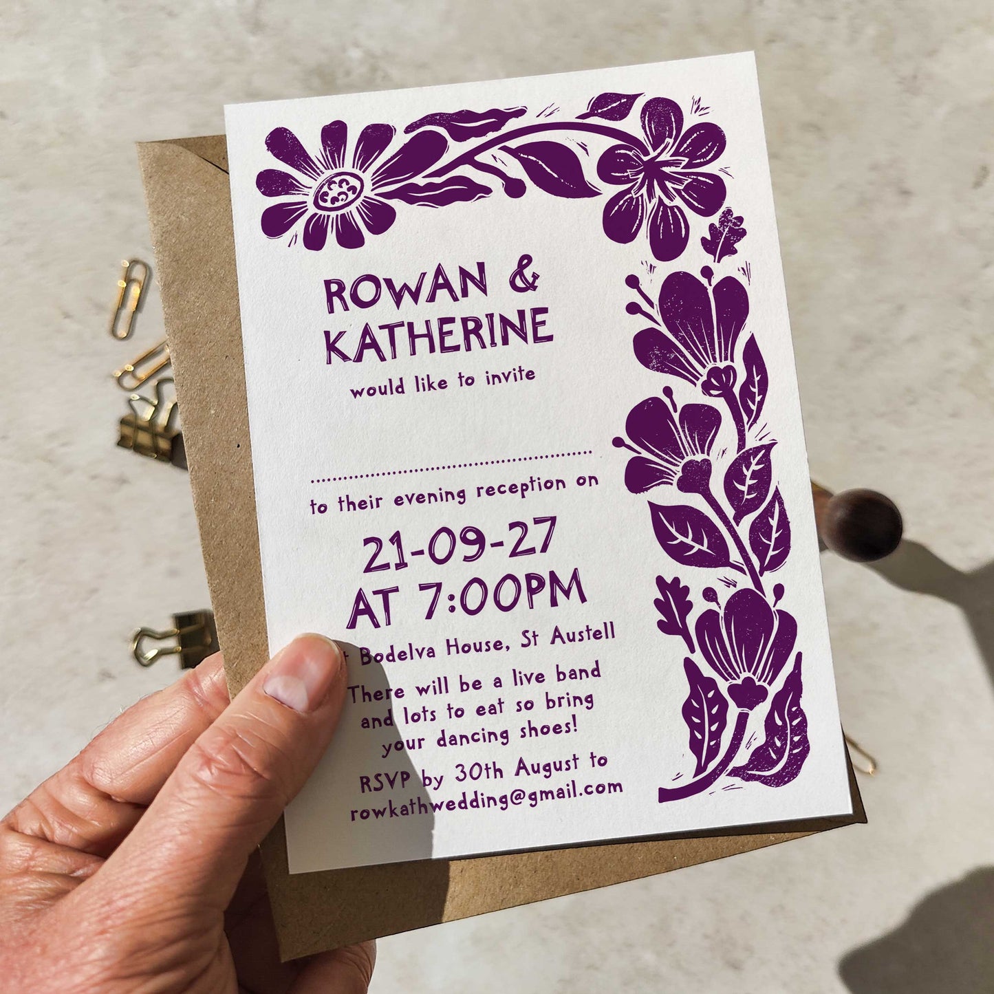 Carved Blooms Evening Wedding Invitation | A6 personalised cards and envelopes