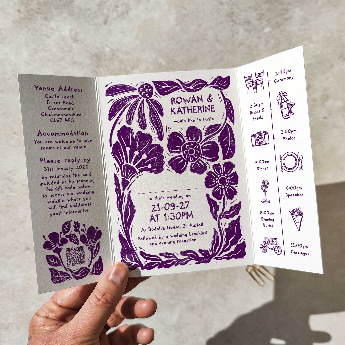 Carved Blooms Linocut Floral A6 Gatefold Wedding Invitations