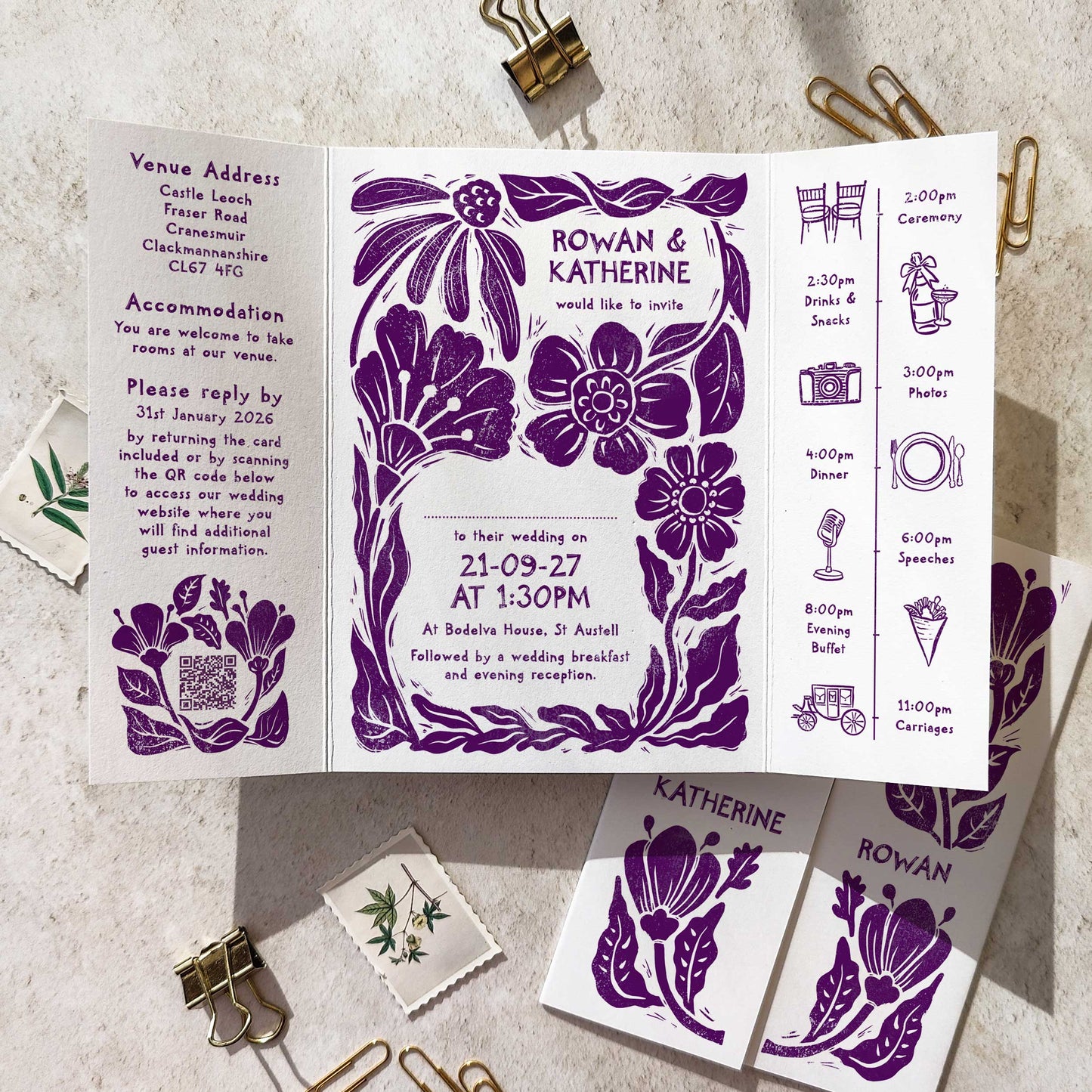 Carved Blooms Linocut Floral A6 Gatefold Wedding Invitations