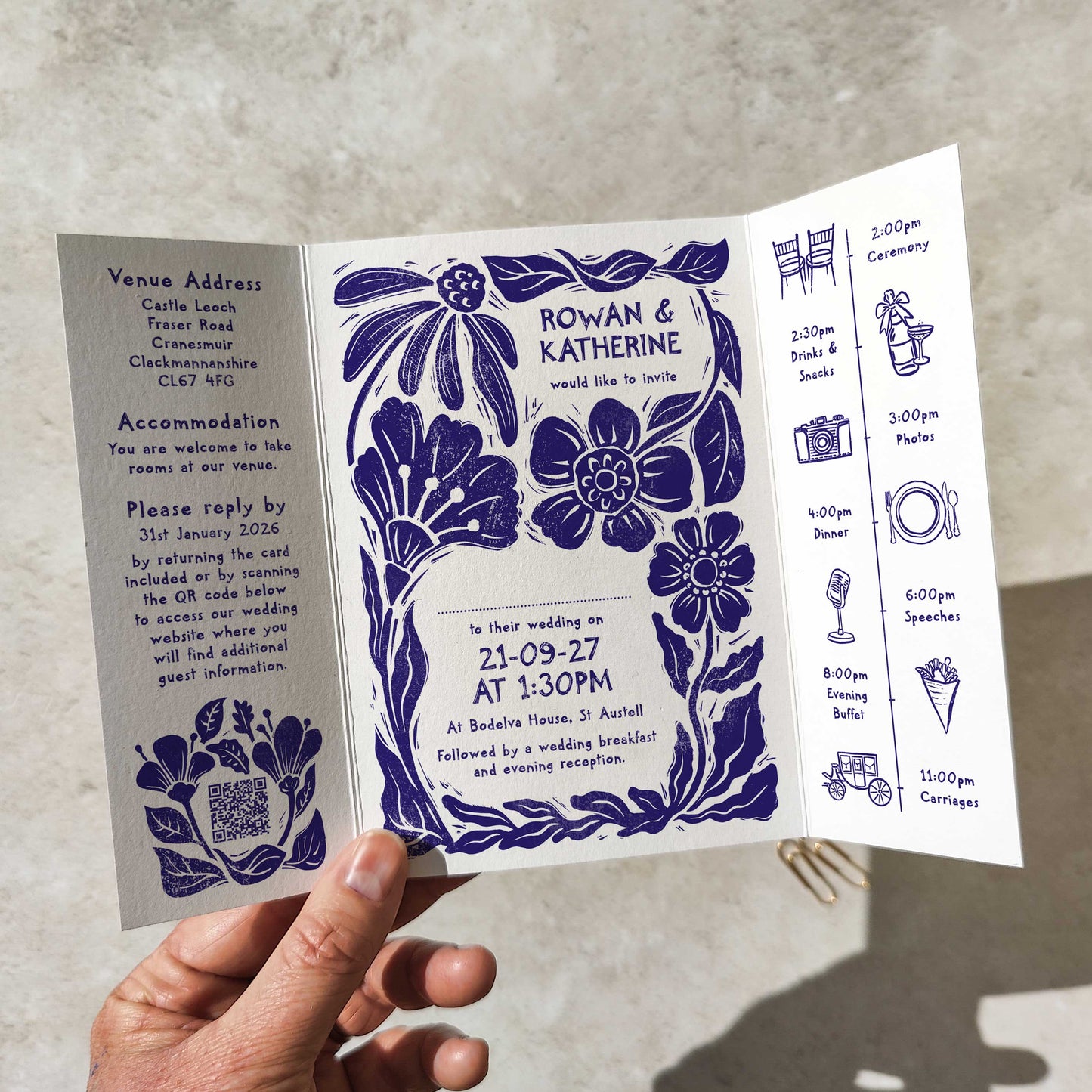 Carved Blooms Linocut Floral A6 Gatefold Wedding Invitations