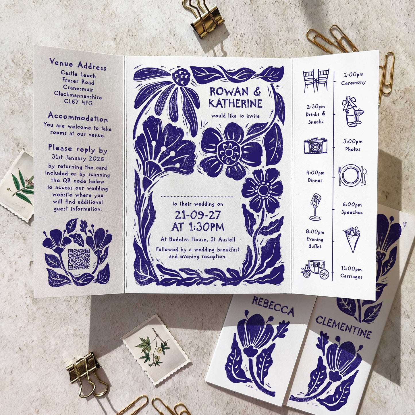 Carved Blooms Linocut Floral A6 Gatefold Wedding Invitations
