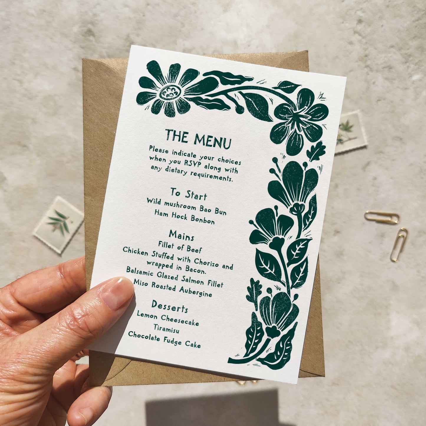 Carved Blooms Linocut Floral A6 Gatefold Wedding Invitations