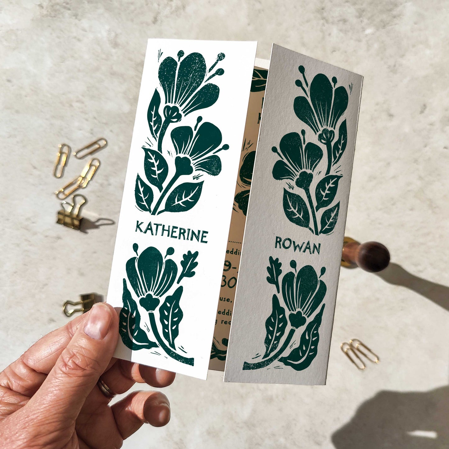 Carved Blooms Linocut Floral A6 Gatefold Wedding Invitations