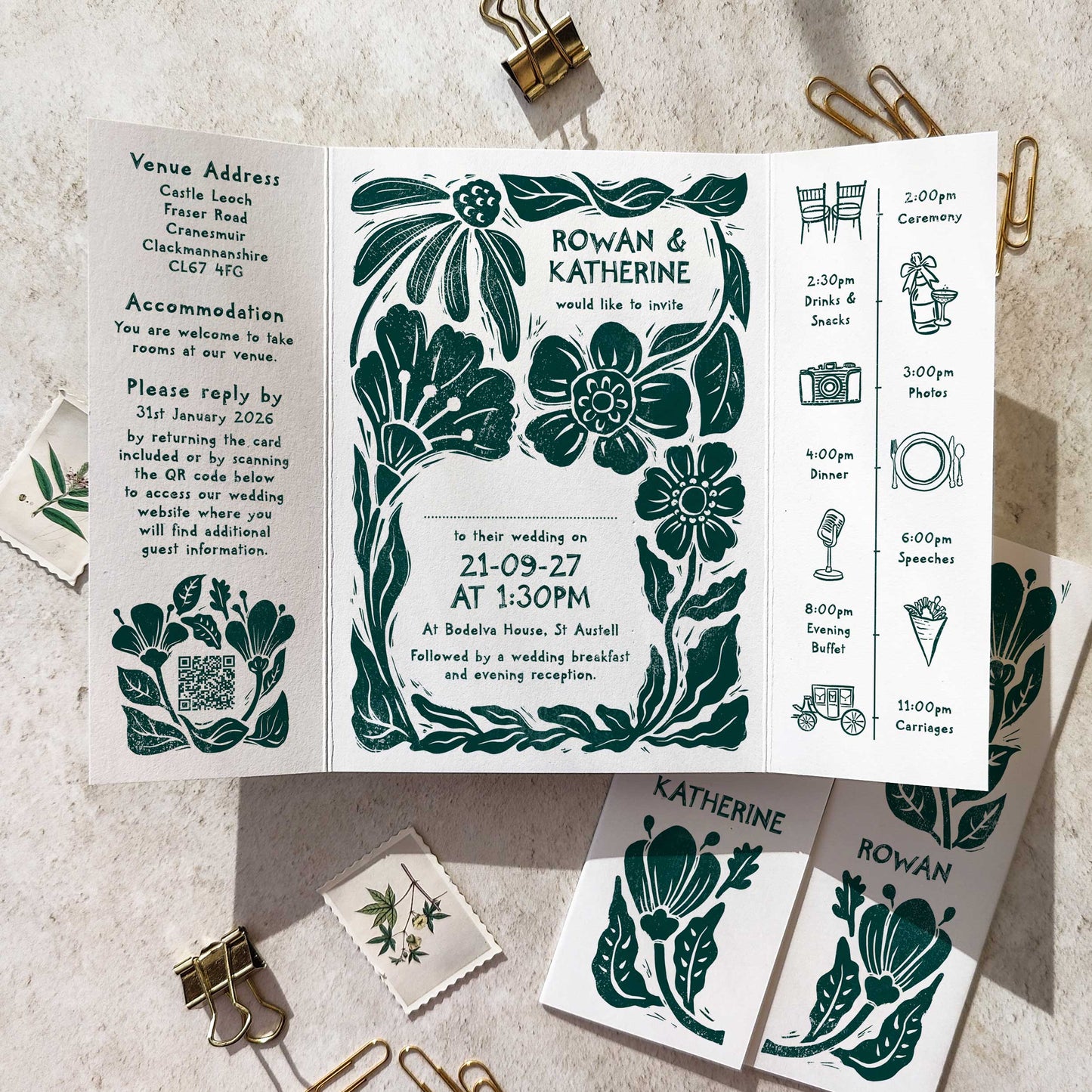Carved Blooms Linocut Floral A6 Gatefold Wedding Invitations