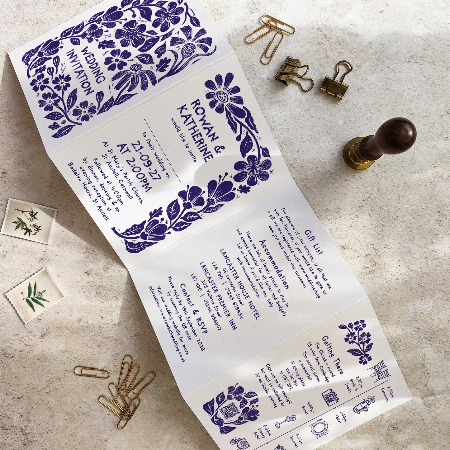 Carved Blooms Linocut Concertina Invitation