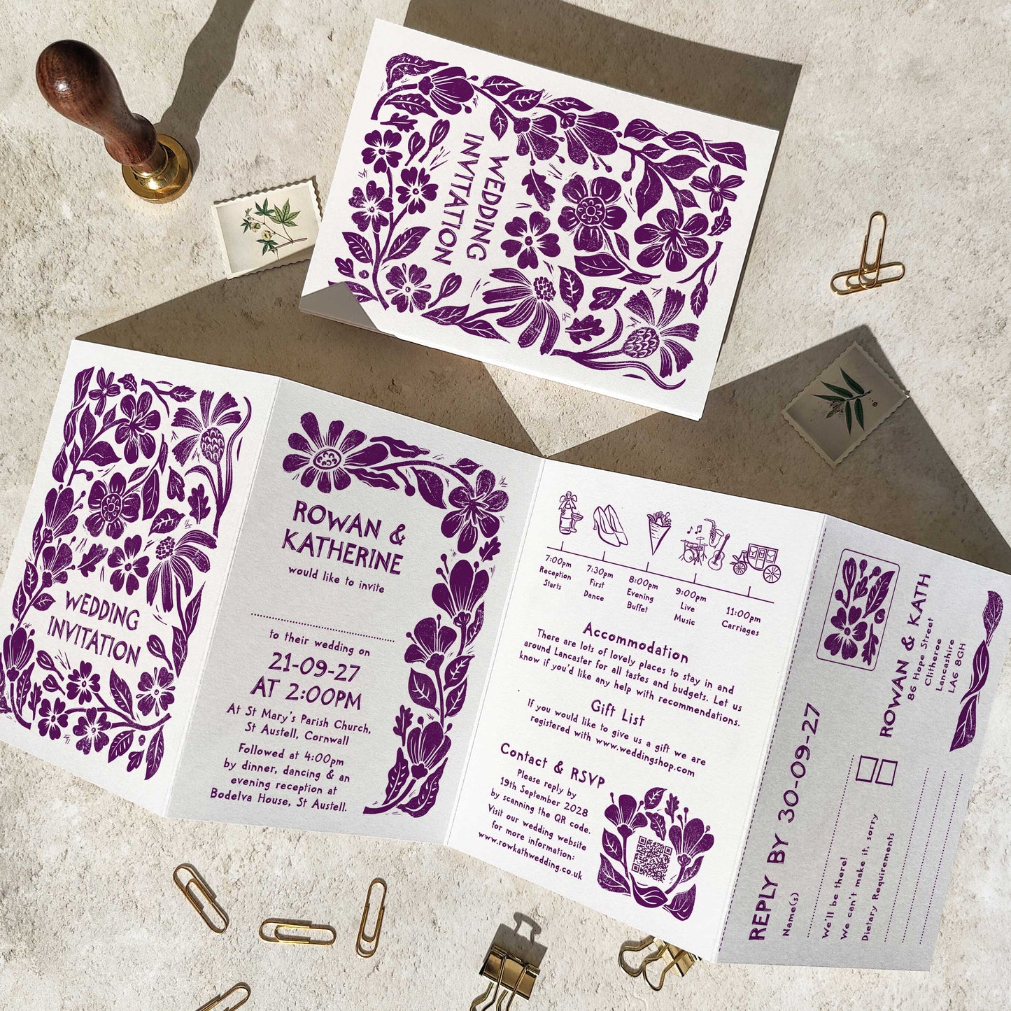 Carved Blooms Linocut Concertina Invitation