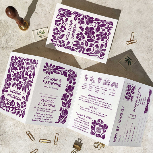 Carved Blooms Linocut Concertina Invitation