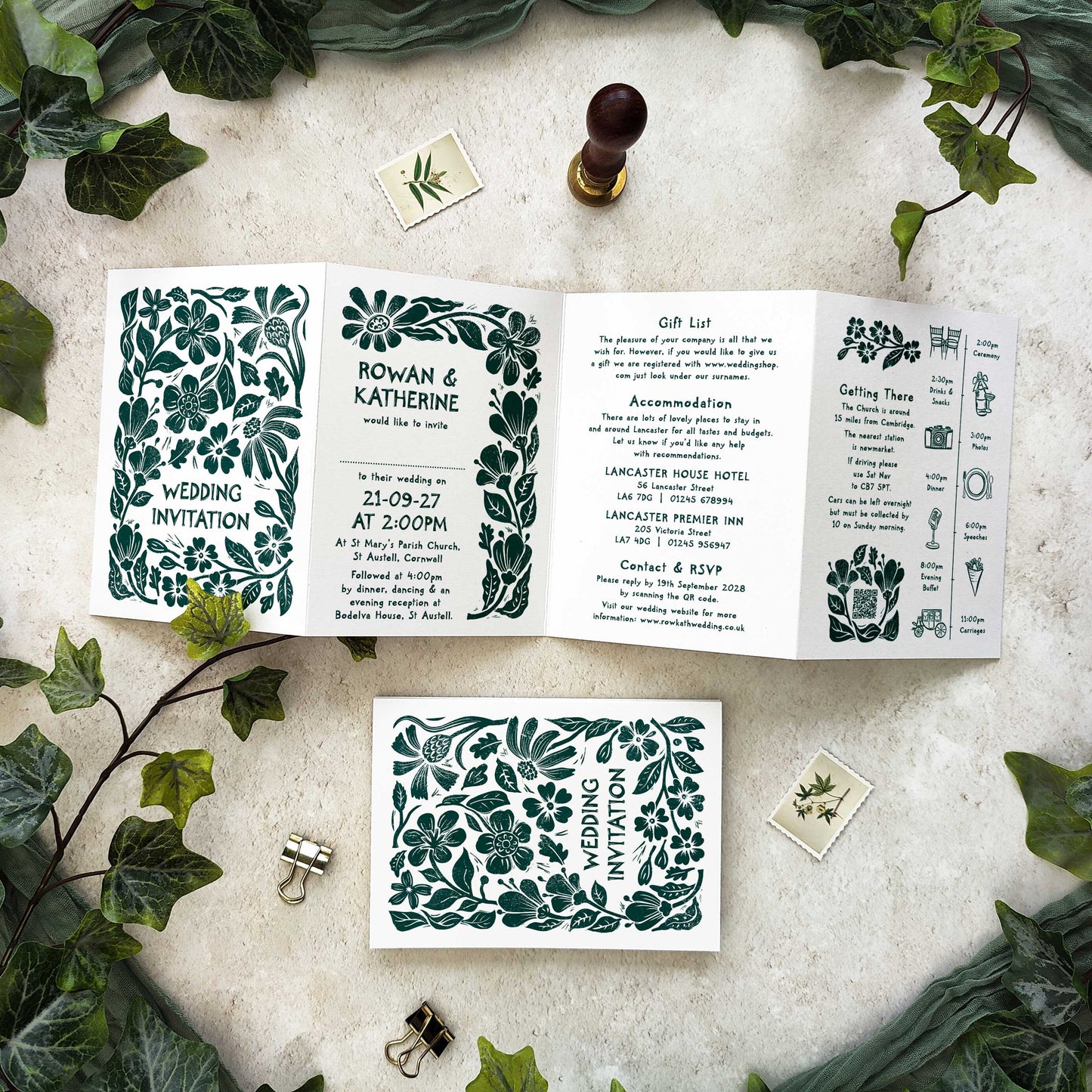 Carved Blooms Linocut Concertina Invitation