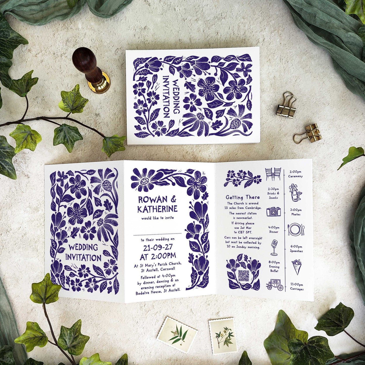 Carved Blooms Linocut Concertina Invitation