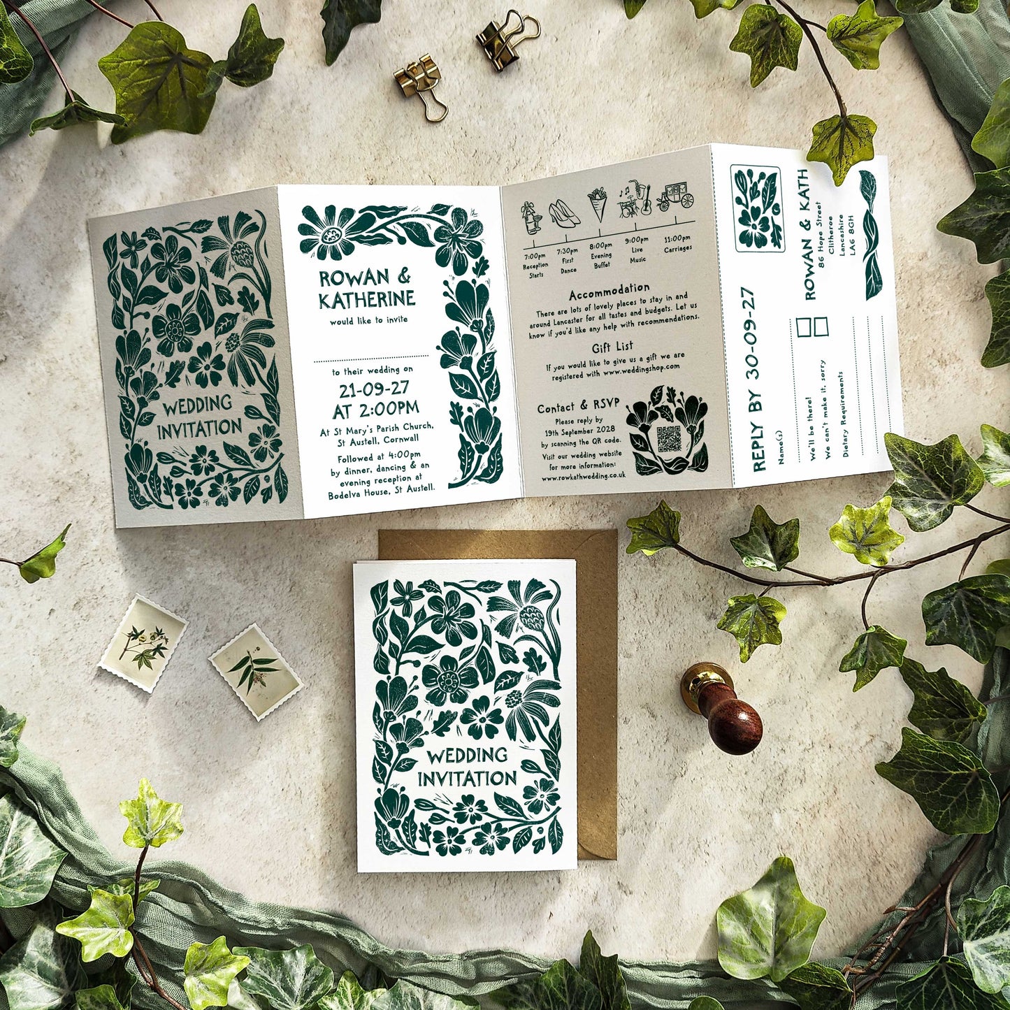 Carved Blooms Linocut Concertina Invitation