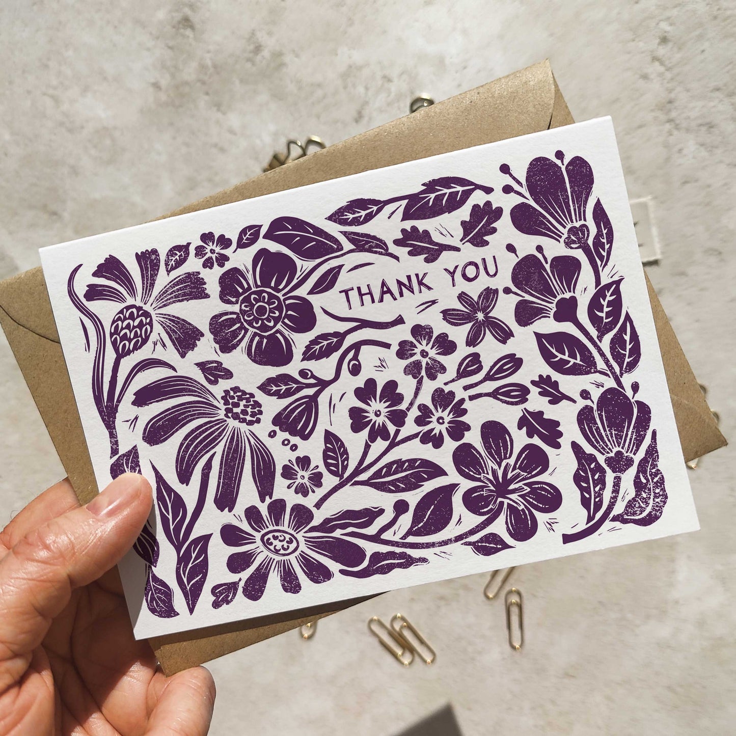 Carved Blooms Linocut Floral A6 Folded Thank You Cards