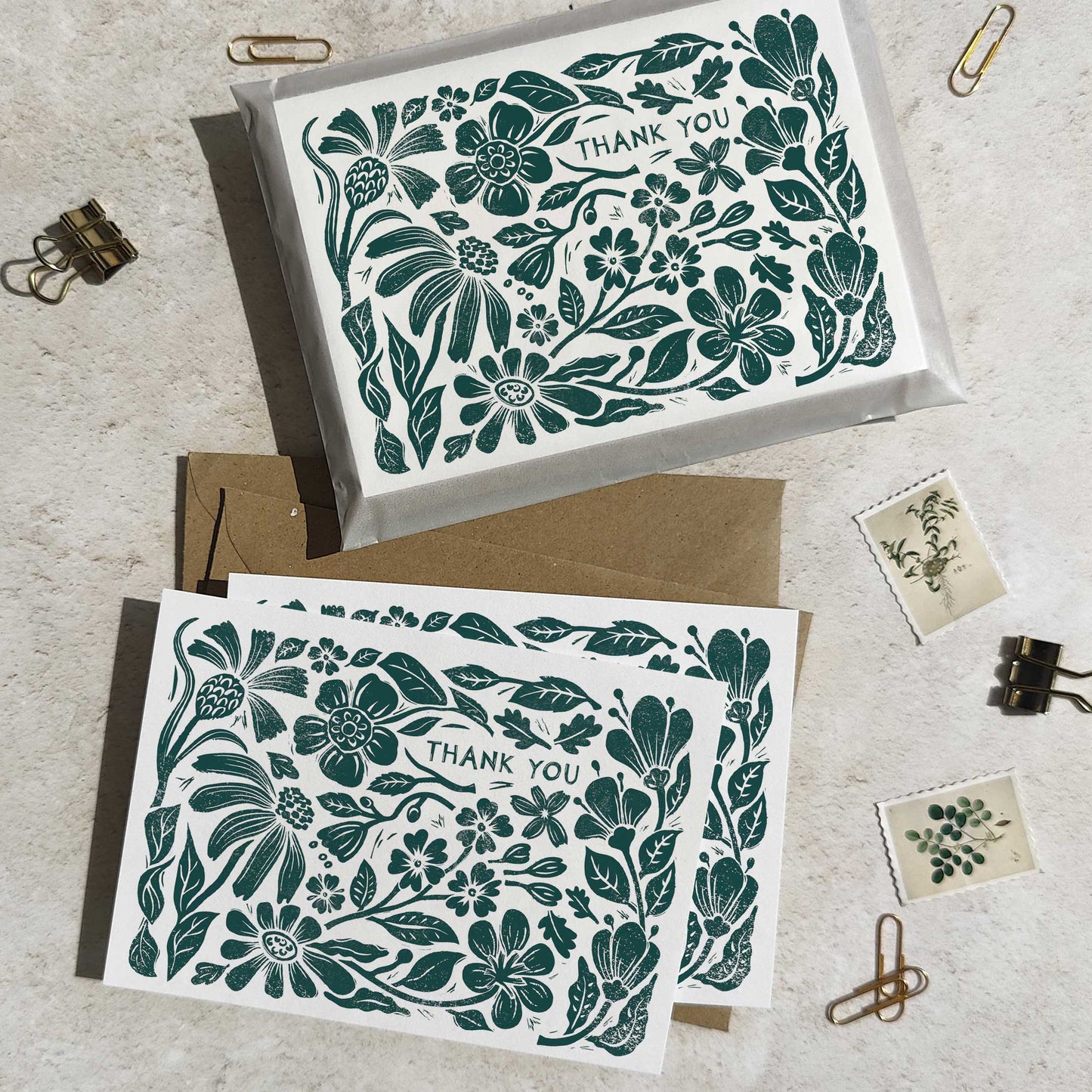 Carved Blooms Linocut Floral A6 Folded Thank You Cards