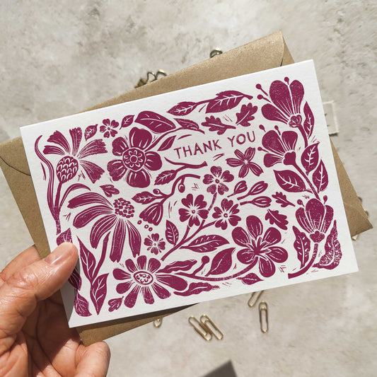 Carved Blooms Linocut Floral A6 Folded Thank You Cards