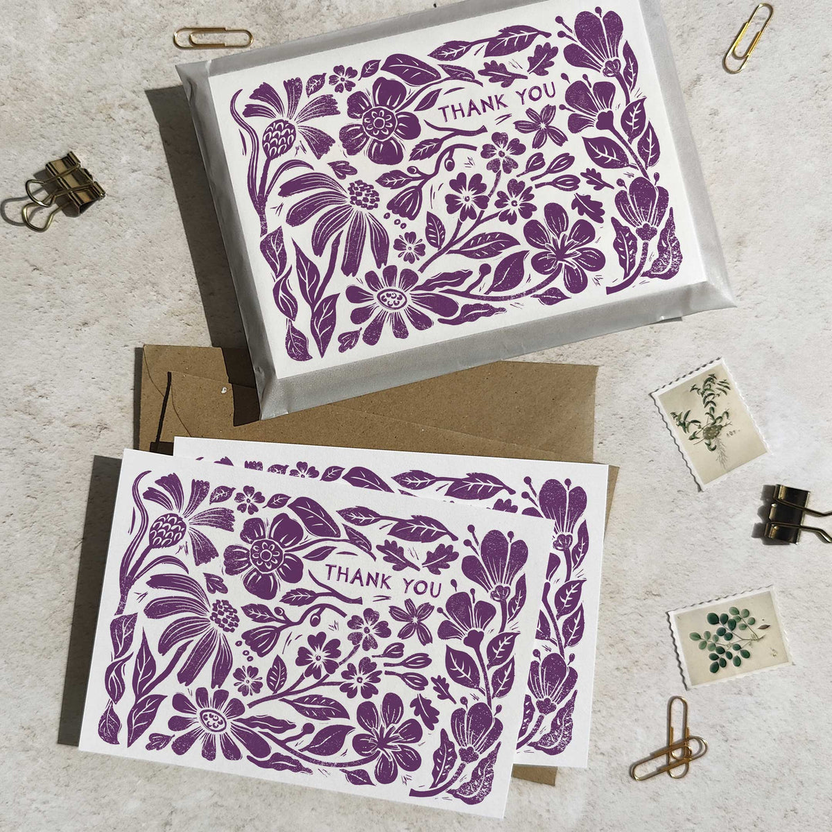 Carved Blooms Thank You Cards annd Envelopes | Choice of Colour