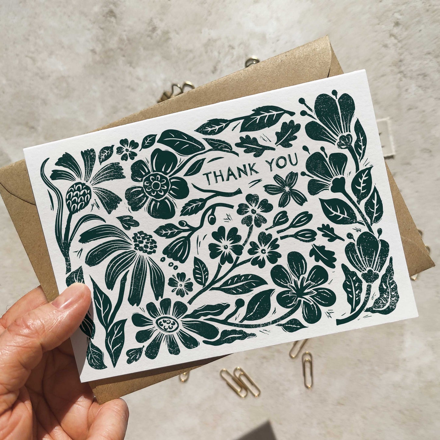 Carved Blooms Linocut Floral A6 Folded Thank You Cards