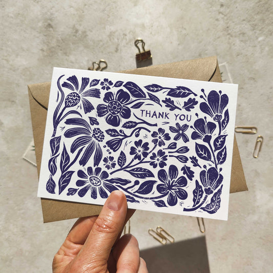 Carved Blooms Linocut Floral A6 Folded Thank You Cards