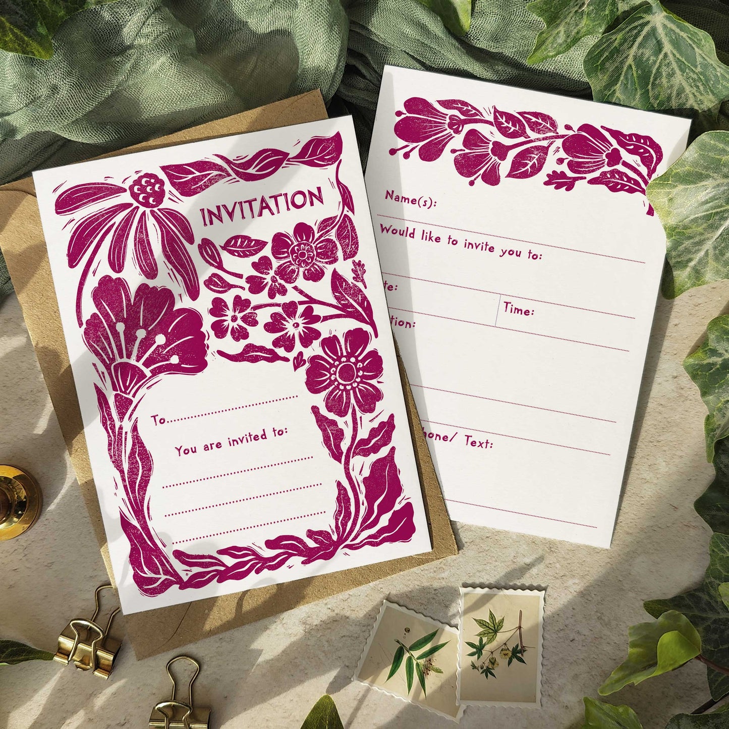 10 x Carved Blooms Linocut Ready To Write Invitations