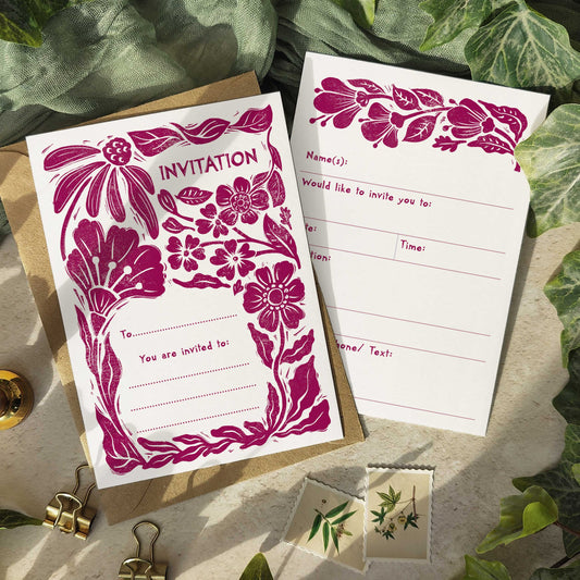 10 x Carved Blooms Linocut Ready To Write Invitations