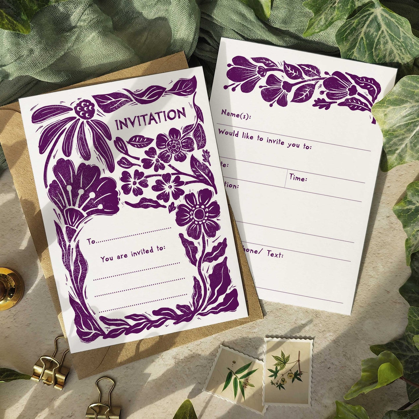 10 x Carved Blooms Linocut Ready To Write Invitations