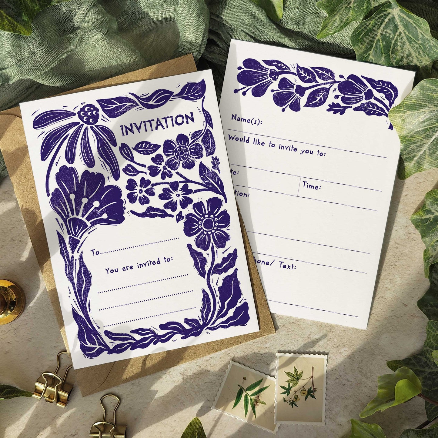 10 x Carved Blooms Linocut Ready To Write Invitations