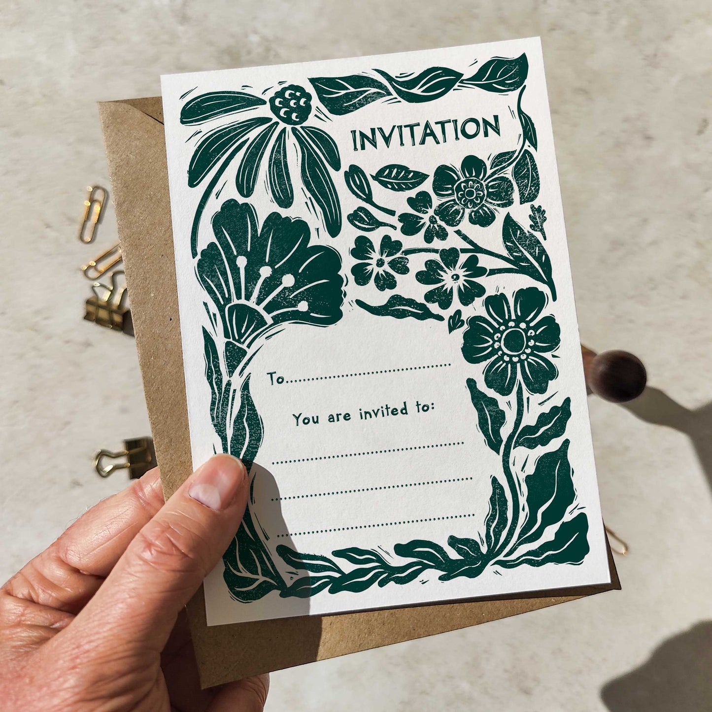 10 x Carved Blooms Linocut Ready To Write Invitations