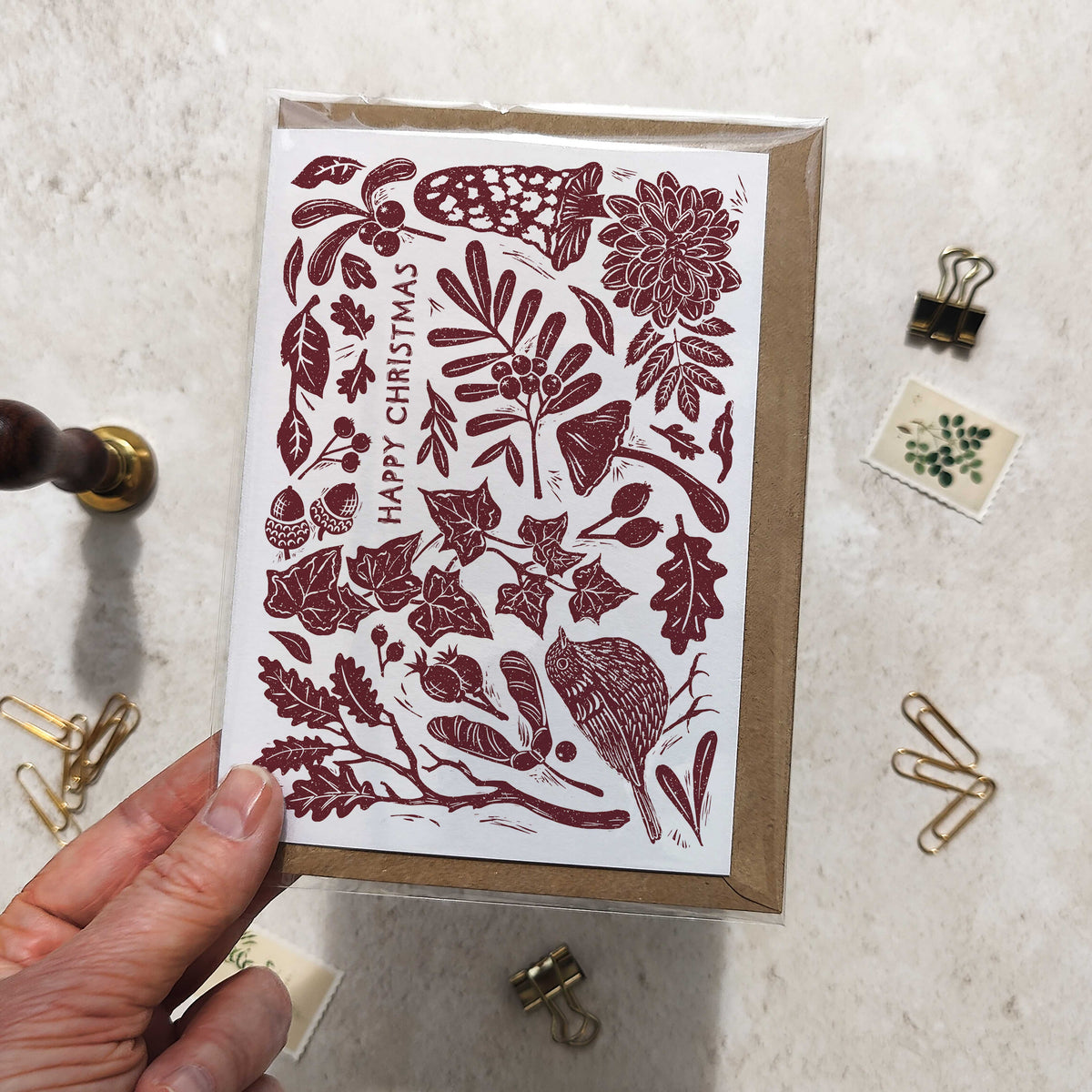 Linocut Christmas Cards annd Envelopes | Choice of Colour