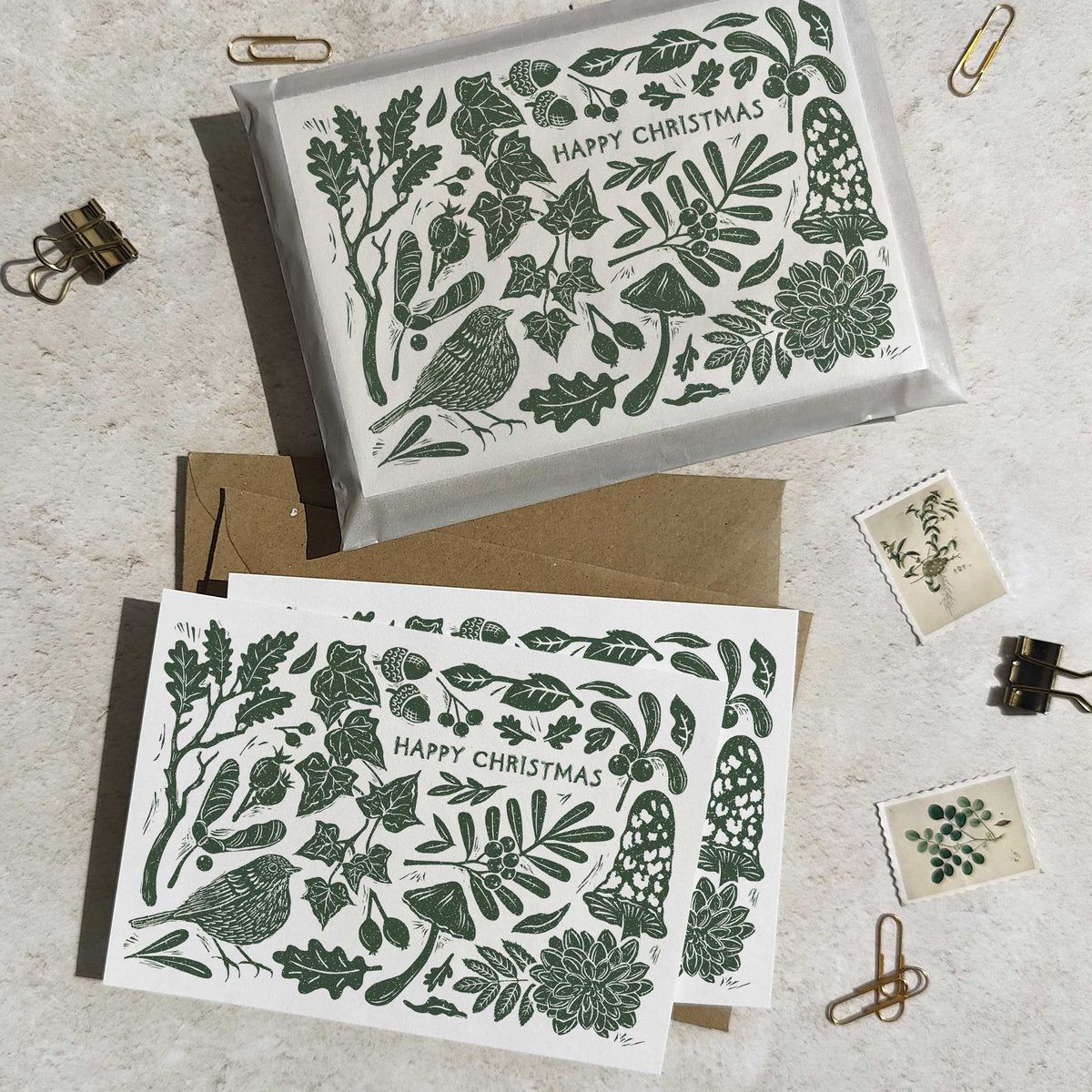 Linocut Christmas Cards annd Envelopes | Choice of Colour