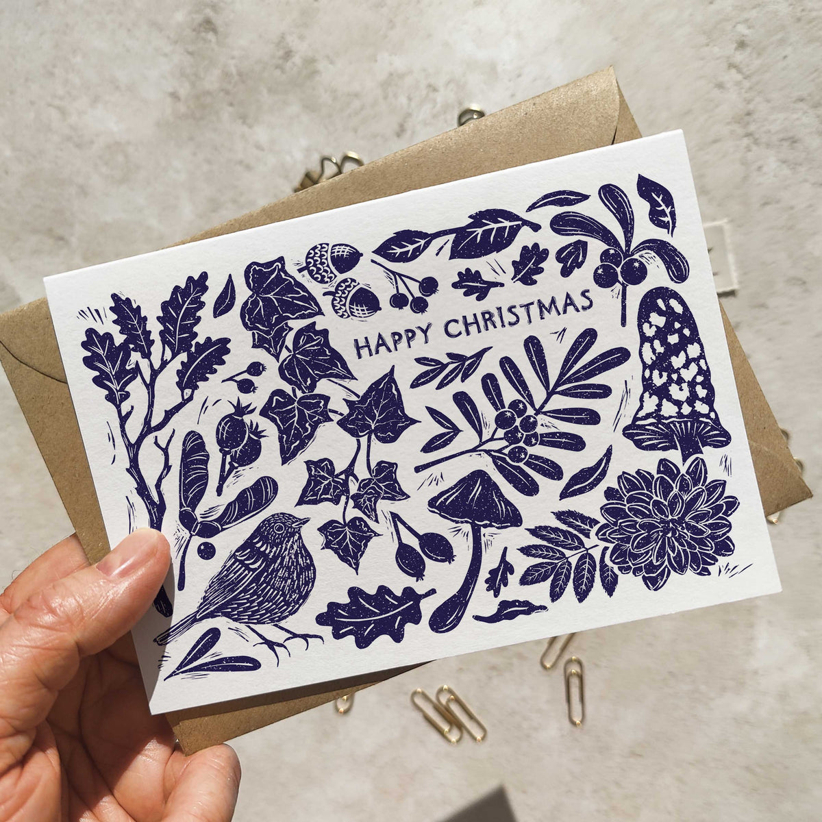 Linocut Christmas Cards annd Envelopes | Choice of Colour