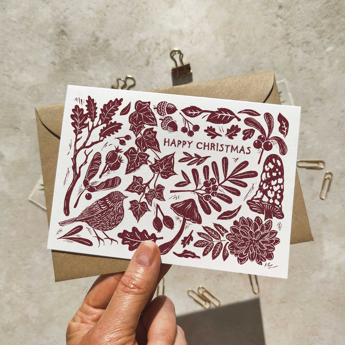 Linocut Christmas Cards annd Envelopes | Choice of Colour