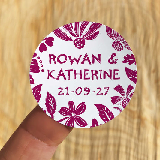Carved Blooms Floral Linocut Personalised Names Sheet of 35 Stickers