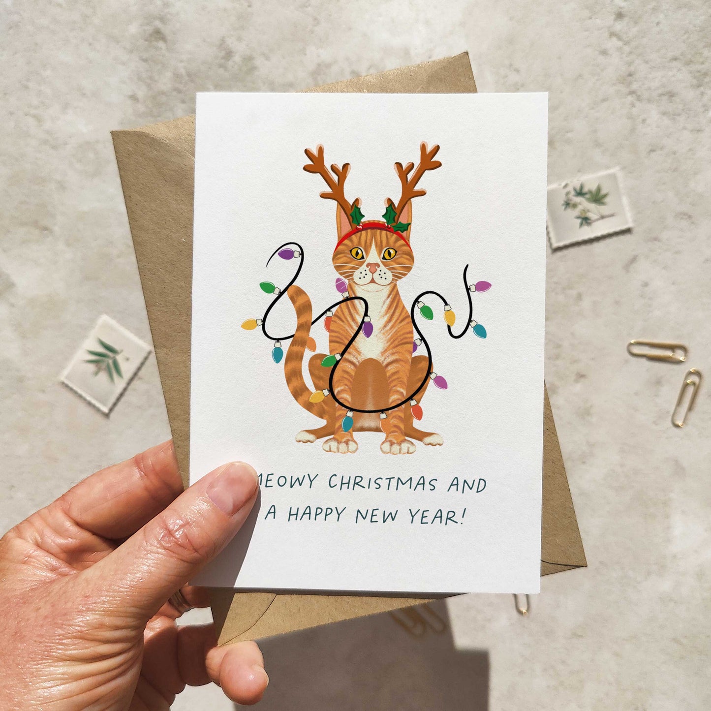 Ginger Cat Christmas Hat Folded Card & Envelope