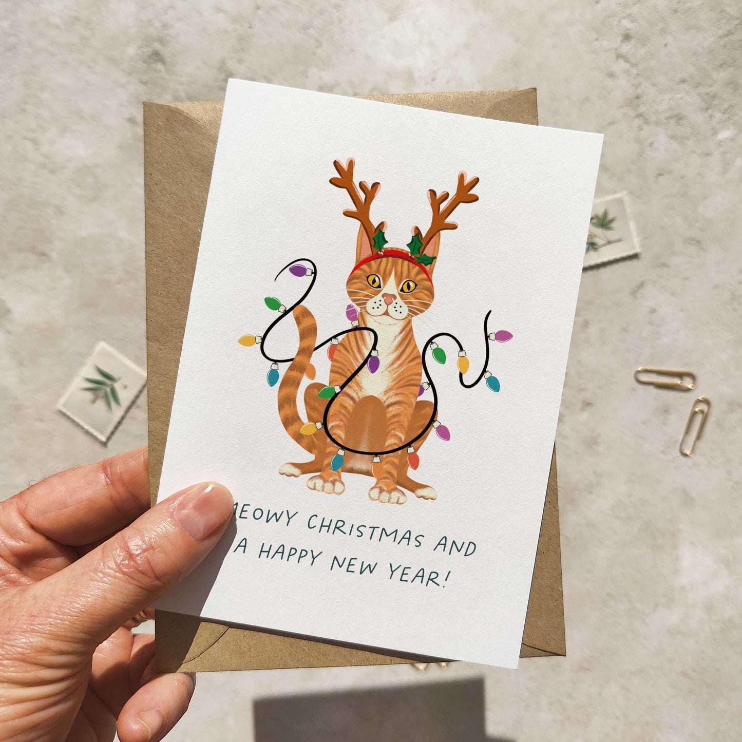 Ginger Cat Christmas Hat Folded Card & Envelope